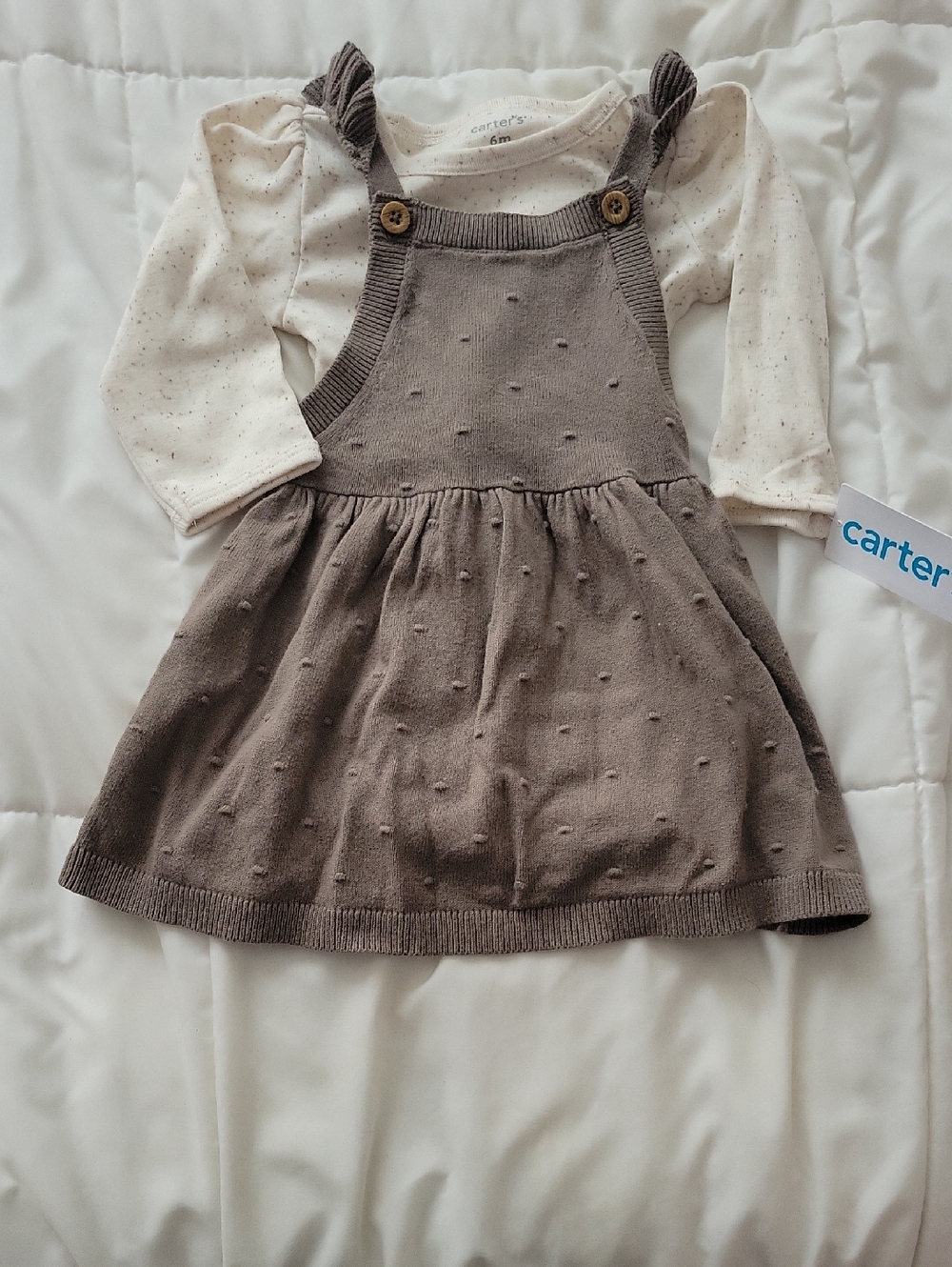 Carter's Cream Speckled Top with Brown Knit Pinafore